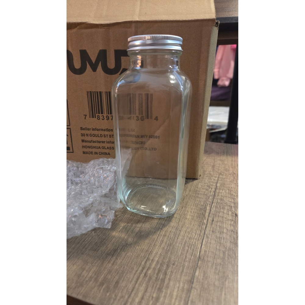 Umud 16oz Clear Glass Juice Bottles with Lids Set of 8 Reusable Drink Containers